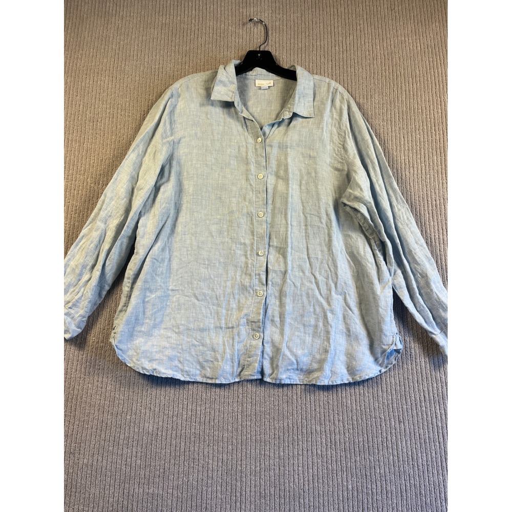 J. Jill Love Linen Shirt Womens L Light Blue Button Down 100% Linen Top